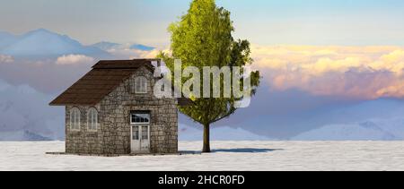 Die 3D Rendering Baum und Haus in voller Blatt im Winter gegen Himmel Stockfoto