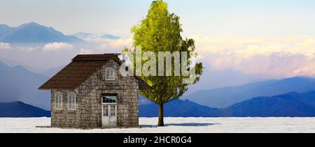 Die 3D Rendering Baum und Haus in voller Blatt im Winter gegen Himmel Stockfoto