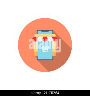 Online-Shopping Handy und Shop Vektor-Symbol, flaches Design, langer Schatten Stock Vektor