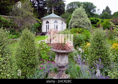 Ummauerte Garten-, Urnen- und Gartenlaubenpflanzen im Spätsommer August in den Colby Woodland Gardens Amroth Pembrokeshire Großbritannien Großbritannien KATHY DEWITT Stockfoto