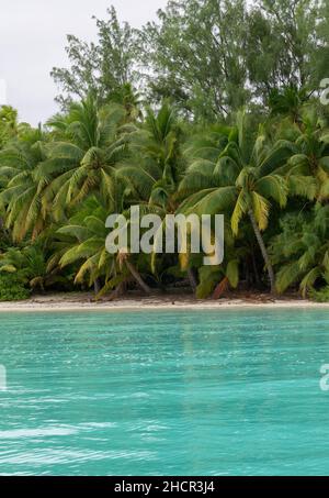 Der wunderschöne Strand und das türkisfarbene Meer auf einem Fuß Insel nicht weit von Aitutaki, einer der Cook Inseln, Südpazifik Stockfoto