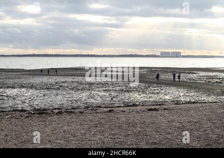 West Mersea, Großbritannien. 31st Dez 2021. Viele Spaziergänger am Strand von West Mersea machen das Beste aus dem milden Wetter, einem der wärmsten Silvester auf dem neuesten Stand. Kredit: Eastern Views/Alamy Live Nachrichten Stockfoto