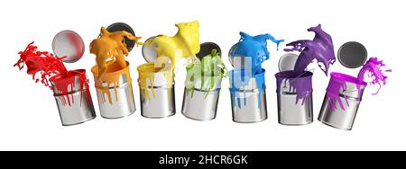 Bunte Farbeimer spritzen Regenbogenfarben isoliert auf weißem Hintergrund Stockfoto