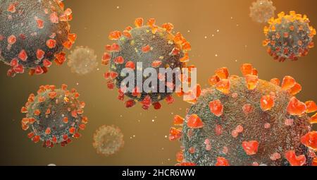 Corona-Virus SARS-CoV-2 - Schematische Darstellung von Viren der Corona-Familie. 3D Rendern. Stockfoto