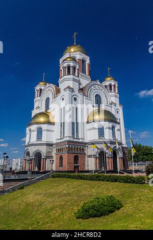 Blutige Kirche zu Ehren aller Heiligen erstrahlte im russischen Land in Jekaterinburg, Russland Stockfoto