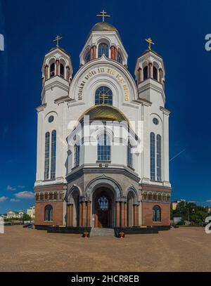 Blutige Kirche zu Ehren aller Heiligen erstrahlte im russischen Land in Jekaterinburg, Russland Stockfoto