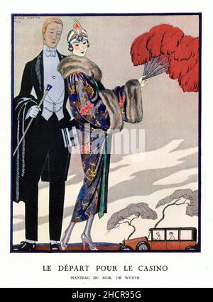 „Le DEPART pour le Casino“, eine Vintage-Illustration des französischen Künstlers George Barbier (1882–1932), Buchdruck, 1923 Stockfoto