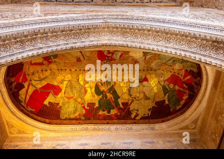 ALHAMBRA PALACE GRANADA ANDALUSIEN SPANIEN KÖNIGSSAAL CHRISTLICHE DECKE MIT ZEHN KÖNIGEN DER NASRIDEN-DYNASTIE Stockfoto