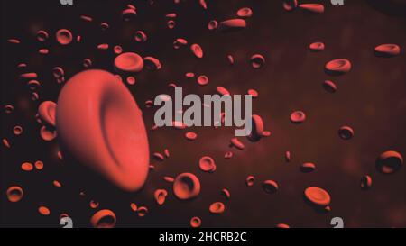 3D Animation von roten Blutkörperchen, die durch die Arterie fließen. Animation von roten Blutkörperchen, die durch die Vene fließen. Blutzellen in einer Arterie. Stockfoto