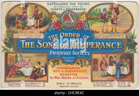 Der Orden der Söhne der Temperanz-Freundliche Gesellschaft: „die Jungen schützen, indem sie als Kadetten der Temperanz eingeschrieben werden“, „unübertroffene Vorteile für Männer, Frauen und Kinder im Bereich Krankheit und Sicherheit“: Postkarte, die eine freundliche Gesellschaft wirbt, enthält vier Szenen, die Zitate von Shakespeares Stücken illustrieren (Othello, As You Like IT, König Heinrich IV. Teil 1 und der Kaufmann von Venedig') Stockfoto