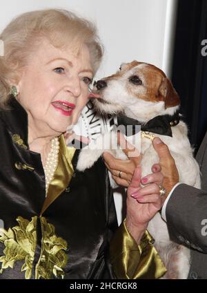 16. Mai 2012 - New York, New York, US - Schauspielerin BETTY WHIITE und UGGIE aus "The Artist" besuchen die "Brüder Club Braten von Betty White" im Sheraton New York Hotel statt. (Bild Kredit: Nancy Kaszerman/ZUMAPRESS.com ©) Stockfoto