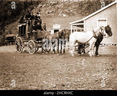 Stagecoach und Passagiere im Glacier Hotel, Bealey, Neuseeland. Bild ca. 1890.. Stockfoto