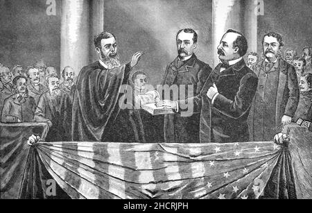 Eine Illustration der Amtsübernahme von Stephen Grover Cleveland (1837-1908) aus dem späten 19th. Jahrhundert, einem amerikanischen Anwalt und Politiker, der von 1885 bis 1889 und von 1893 bis 1897 als Präsident der Vereinigten Staaten von 22nd und 24th fungierte. Cleveland ist der einzige Präsident in der amerikanischen Geschichte, der zwei nicht aufeinander folgende Amtssitzungen antritt. Er gewann die Volksabstimmung für drei Präsidentschaftswahlen in den Jahren 1884, 1888 und 1892 und war einer von zwei Demokraten (gefolgt von Woodrow Wilson im Jahr 1912), die während der Ära der republikanischen Präsidentenherrschaft von 1861 bis 1933 zum Präsidenten gewählt wurden. Stockfoto