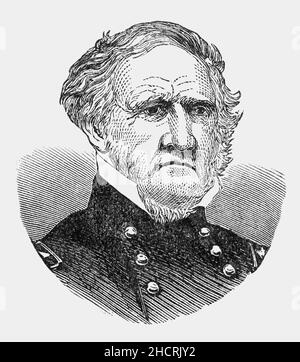 Ein Porträt von Winfield Scott (1786-1866) aus dem späten 19th. Jahrhundert, einem amerikanischen Militärkommandanten und politischen Kandidaten. Von 1814 bis 1861 diente er als General in der US-Armee, nahm an dem Krieg von 1812, dem mexikanisch-amerikanischen Krieg, den frühen Stadien des amerikanischen Bürgerkrieges und Konflikten mit Indianern Teil. Scott war bei den Wahlen 1852 Präsidentschaftskandidat der Whig Party, wurde aber vom Demokraten Franklin Pierce besiegt. Er war bekannt als Old Fuss and Feathers für sein Beharßen auf einer korrekten militärischen Etikette. Stockfoto