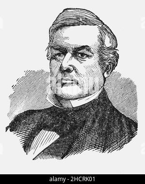 Ein Porträt von Millard Fillmore (1800-1874) aus dem späten 19th. Jahrhundert, dem Präsidenten der Vereinigten Staaten von 13th, der von 1850 bis 1853 als letzter im Weißen Haus Mitglied der Whig Party war. Fillmore, ein ehemaliges Mitglied des US-Repräsentantenhauses aus Upstate New York, wurde 12th zum Vizepräsidenten von 1848 gewählt und übernahm nach dem Tod des US-Präsidenten Zachary Taylor im Juli 1850 die Präsidentschaft. Fillmore war maßgeblich an der Verabschiedung des Kompromisses von 1850 beteiligt, ein Abkommen, das zu einem kurzen Waffenstillstand im Kampf um die Ausweitung der Sklaverei führte. Stockfoto