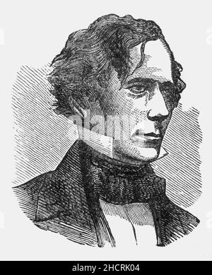 Ein Porträt von Franklin Pierce (1804-1869), dem Präsidenten der Vereinigten Staaten von 14th, aus dem späten 19th. Jahrhundert, das von 1853 bis 1857 diente. Als Norddemokrat, der glaubte, dass die Abolitionisten-Bewegung eine grundlegende Bedrohung für die Einheit der Nation darstelle, entfremdete er Anti-Sklaverei-Gruppen, indem er den Kansas-Nebraska Act unterstützte und unterzeichnete und den Fugitive Slave Act durchsetzte. Diese Bemühungen scheiterten daran, den Konflikt zwischen Nord und Süd einzudämmen, der sich schließlich löste und 1861 der amerikanische Bürgerkrieg begann. Stockfoto