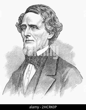 Ein Porträt von Jefferson Finis Davis (1808-1889) aus dem späten 19th. Jahrhundert, einem amerikanischen Politiker, der von 1861 bis 1865 als Präsident der Konföderierten Staaten fungierte. Als Mitglied der Demokratischen Partei vertrat er Mississippi im Senat der Vereinigten Staaten und im Repräsentantenhaus vor dem amerikanischen Bürgerkrieg. Zuvor war er von 1853 bis 1857 unter Präsident Franklin Pierce als US-Kriegsminister tätig. Stockfoto