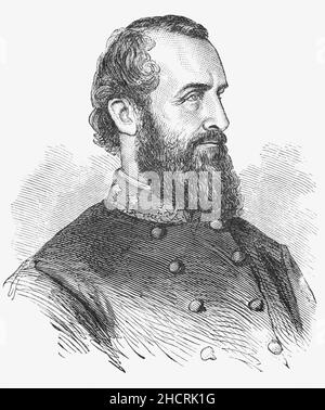 Ein Porträt von Thomas Jonathan 'Stonewall' Jackson (1824-1863) aus dem späten 19th. Jahrhundert, auch bekannt als 'Old Jack', 'Old Blue Light', 'Tom Fool', der während des amerikanischen Bürgerkrieges als konföderierte General (1861–1863) diente und nach General Robert E. Lee zu einem der bekanntesten Kommandanten der konföderierten Staaten wurde. Jackson spielte bis zu seinem Tod eine herausragende Rolle bei fast allen militärischen Engagements im Eastern Theatre of the war und spielte eine Schlüsselrolle beim Sieg vieler bedeutender Schlachten. Stockfoto