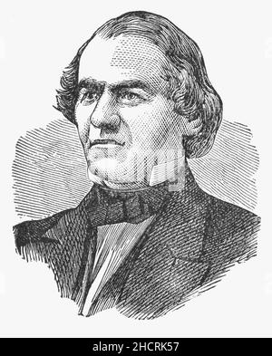 Ein Porträt von Andrew Johnson (1808-1875) aus dem späten 19th. Jahrhundert war der Präsident der Vereinigten Staaten von 17th und diente von 1865 bis 1869. Er übernahm die Präsidentschaft als Vizepräsident zur Zeit der Tötung von Abraham Lincoln. Johnson war ein Demokrat, der mit Lincoln lief und zum Amt kam, als der Bürgerkrieg zu Ende ging. Er sprach sich für eine rasche Wiederherstellung der abgetretenen Staaten in die Union aus, ohne dass die ehemaligen Sklaven geschützt werden. Dies führte zu Konflikten mit dem von den Republikanern dominierten Kongress, der 1868 in seiner Amtsenthebung durch das Repräsentantenhaus gipfelte. Er wurde im Senat mit einer Stimme freigesprochen. Stockfoto