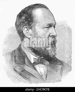 Ein Porträt von James Abram Garfield (1831-1881) aus dem späten 19th. Jahrhundert war der Präsident der Vereinigten Staaten von 20th und diente vom 4. März 1881 bis zu seiner Tötung später in diesem Jahr. Garfield, ein Anwalt und Offizier des Bürgerkriegs, hatte neun Amtszeiten im Repräsentantenhaus abgemacht. Kurz vor seiner Kandidatur für das Weiße Haus war er in einen Senatssitz gewählt worden, den er als designierter Präsident ablehnte. Stockfoto