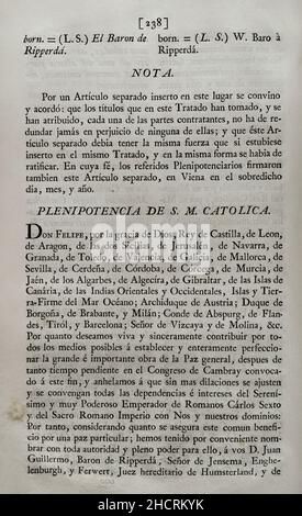 Friedensvertrag zwischen dem König von Spanien Philipp V. und dem Heiligen Römischen Kaiser Karl VI. Am 7. Juni 1725 in Wien abgeschlossen; am 24. Juli dieses Jahres von Philipp V. in San Ildefonso ratifiziert. Vollmacht von Philip V. Sammlung der Friedensverträge, Allianz, Handel, angepasst von der Krone Spaniens mit den ausländischen Mächten (Colección de los Tratados de Paz, Alianza, Comercio ajustados por la Corona de España con las Potencias Extranjeras). Band II. Madrid, 1800. Historische Militärbibliothek von Barcelona, Katalonien, Spanien. Stockfoto