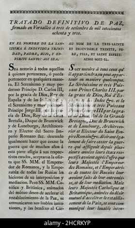 „Vertrag von Versailles“ (1783). Endgültiger Friedensvertrag, der am 3. September 1783 in Versailles unterzeichnet wurde, zwischen Großbritannien, den Vereinigten Staaten, Frankreich und Spanien. Es bedeutete das Ende des amerikanischen Unabhängigkeitskrieges. Sammlung der Verträge über Frieden, Allianz und Handel, die von der spanischen Krone mit den ausländischen Mächten angepasst wurden (Colección de los Tratados de Paz, Alianza, Comercio ajustados por la Corona de España con las Potencias Extranjeras). Band III Madrid, 1801. Historische Militärbibliothek von Barcelona, Katalonien, Spanien. Stockfoto