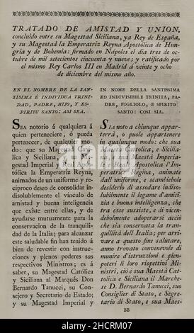 „Vertrag von Neapel (1759). Am 3. Oktober 1759 wurde in Neapel ein Vertrag zwischen der spanischen Krone, den beiden Sizilien und der Kaiserin von Österreich unterzeichnet, durch den die Thronfolge von Neapel und den beiden Sizilien an Ferdinand, den dritten Sohn des spanischen Königs Karl III., verliehen wurde. Sammlung der Verträge über Frieden, Allianz und Handel, die von der spanischen Krone mit den ausländischen Mächten angepasst wurden (Colección de los Tratados de Paz, Alianza, Comercio ajustados por la Corona de España con las Potencias Extranjeras). Band III Madrid, 1801. Historische Militärbibliothek von Barcelona, Katalonien, Spanien. Stockfoto