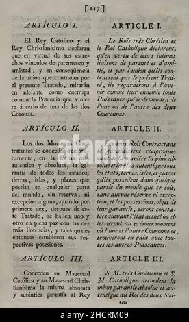 Vertrag von Paris (III Family Compact). Vertrag zwischen König Karl III. Von Spanien und König Ludwig XVI. Von Frankreich, unterzeichnet in Paris am 15. August 1761. Es bedeutete Spaniens Beteiligung an der letzten Phase des Siebenjährigen Krieges (1756-1763), mit dem Ziel, Menorca und Gibraltar zurückzugewinnen und Frankreich gegen England zu unterstützen. Artikel I und II Sammlung der Verträge über Frieden, Allianz und Handel, die von der spanischen Krone mit den ausländischen Mächten angepasst wurden (Colección de los Tratados de Paz, Alianza, Comercio ajustados por la Corona de España con las Potencias Extranjeras). Band III Madrid, 1801. Histori Stockfoto