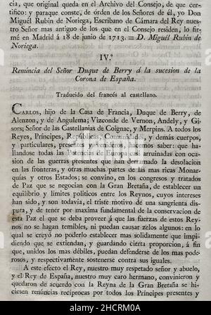Königliches Edikt, das den Rücktritt von H.M. Catholic (Philipp V. von Spanien) an die Nachfolge der Krone von Frankreich und die der Fürsten an die von Spanien festlegt, davon ausgenommen das Haus Österreich, Und die Erklärung und Berufung des Hauses Savoyen in Verzug der Nachkommen von König Philipp V. Rücktritt des Herzogs von Berry auf die Nachfolge an die Krone von Spanien. Sammlung der Verträge über Frieden, Allianz und Handel, die von der spanischen Krone mit den ausländischen Mächten (Colección de los Tratados de Paz, Alianza, Comercio ajustados por la Corona de España con las Potencias Extranj Stockfoto