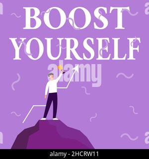 Konzeptionelle Anzeige Boost yourself, Internet-Konzept Bereitstellung eines Aufschwungs für jemanden macht sie wieder energisch Geschäftsmann Drawing Standing on Big RO Stockfoto