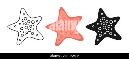 Seesterne Symbol Cartoon Hand gezeichnet oder Stempel, Doodle Umriss Set. Symbol Ozean Meeresstern. Tropisches Reisen Meere unter Wasser Design Elemente flache Stil und Zeichen, Markenkollektion. Vektorgrafik Stock Vektor