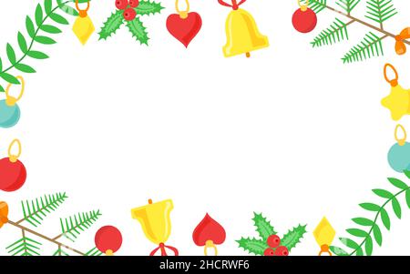 Weihnachtliche Hintergründe für Inschriften, Neujahrsgrüße auf Postkarten und Informationen auf der Website. Design Elements Zweig- und Geschenkobjekte flach mit weißem Raum in der Mitte. Vektorgrafik Stock Vektor