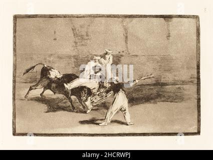 Francisco de Goya, Cogida de un moro estando en la plaza (Ein Moor, der vom Stier im Ring gefangen wird). Dies ist die Drucknummer 8 in einer Druckserie über Stierkämpfe aus dem Jahr 33. Stockfoto