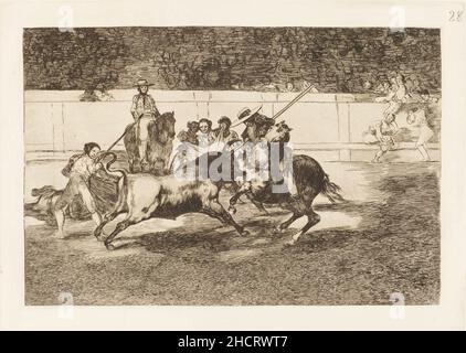 Francisco de Goya, El esforzado Rendon picando un toro, de cuya suerte murio en plaza de Madrid (der kräftige Rendon sticht einen Stier mit dem Pique, von dem Pass Er starb im Ring in Madrid). Dies ist die Drucknummer 28 in einer Druckserie über Stierkämpfe aus dem Jahr 33. Stockfoto