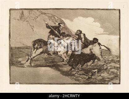 Francisco de Goya, Modo con que los Antiguos Espanoles cazaban los toros a caballo en el campo (die Art und Weise, wie die alten Spanier Bulls auf dem Pferderücken im offenen Land jagten). Dies ist die Drucknummer 1in einer Druckserie über Stierkämpfe aus dem Jahr 33. Stockfoto