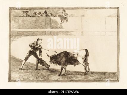 Francisco de Goya, Pedro Romero matando a toro parado (Pedro Romero tötet den angehaltenem Bullen). Dies ist die Drucknummer 30 in einer Druckserie über Stierkämpfe aus dem Jahr 33. Stockfoto