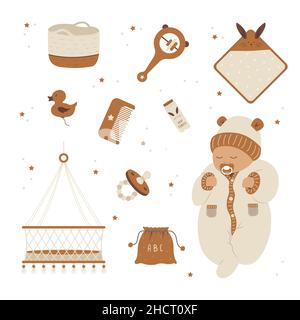 Skandinavische Babypflegeelemente. Boho schläft Neugeborenes. Vintage Holzspielzeug für Kinder. Ideal für Baby-Dusche, Einladung und Wohnkultur. Vektor Stock Vektor