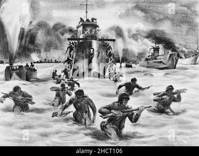 Sturmwelle, Salerno. Alliierte Truppen strömen in Salerno an Land und wateten unter schwerem Maschinengewehr und Granatfeuer von versteckten feindlichen Positionen hinter den Stränden durch die Brandung. Eines der Landungsschiffe wird von einer feindlichen Schale in Brand gesetzt. Eine andere Shell vermisst lediglich ein LCVP (Landungsschiff, Fahrzeugpersonal) und sendet eine Wolke aus Rauch und Wasser. Alliierte Kreuzer kommen nahe an Land, um den Feind zu bombardieren, dessen Positionen von Marinebeobachtern übermittelt werden, die mit den Landeparteien - dem Zweiten Weltkrieg - voranschreiten Stockfoto