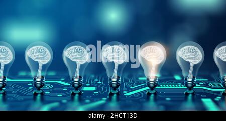 Beleuchtete Glühbirne mit Gehirn in einer Reihe. Ein anderes Leuchten auf dem Stromkreis. Business Bright Idee, große Idee, Innovation, Kreativität. Stockfoto