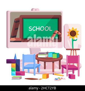 Klasse in Bildschirm Online-Kurs kreative Aktivitäten kindergaten pre School spielen Blöcke Malerei Zimmer Stock Vektor