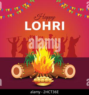 Indian Punjabi Festival der lohri Feier Feuer Hintergrund mit dekorierten Trommel und Zuckerrohr. vektor-Illustration Design. Stock Vektor