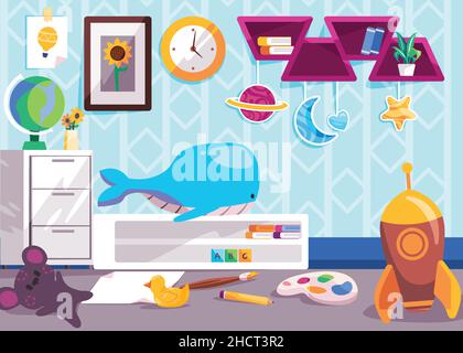 Kinderspielzimmer mit farbenfroher Einrichtung in blauem Licht im Kinderzimmer Stock Vektor