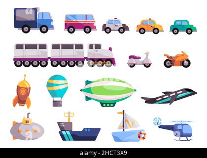 Transport set Sammlung Kinder Spaß bunte Spielzeug Schiff Boot Auto Fahrrad Motor Fahrrad Zug van Hubschrauber Raketenballon Stock Vektor