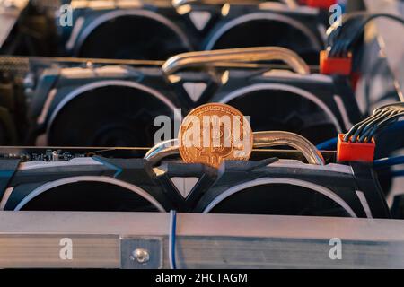 Bitcoin Bergbaufarm und Pandemie. Unser neues Leben. Hochwertige Fotos Stockfoto