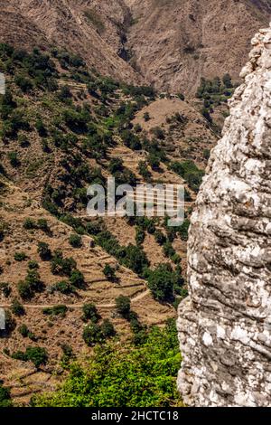 Erstaunliche Landschaft der kalabrischen Hügel mit Straßen und Olivenbäumen von Bova superiore aus sichtbar. Kalabrien, Italien Stockfoto