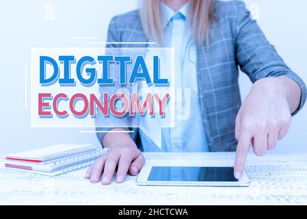 Textunterschrift zur Darstellung der digitalen Wirtschaft. Business-Ansatz weltweites Netzwerk von wirtschaftlichen Aktivitäten und Technologien präsentieren Business-Plan und Stockfoto