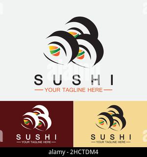 Sushi Logo template.Vector Icon Style Illustration Bar oder Shop, Sushi, Lachsrolle, Sushi und Rollen mit Chopstick Bar oder Restaurant Vektor-Logo Stock Vektor