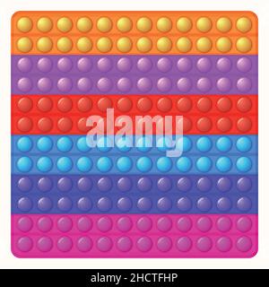 Trendy Spiel Pop it, einfache Grübchen. Regenbogen-Fidget-Spielzeug. Farbenfroher Anti-Stress-Hintergrund. Doodle-Stil. Blasen knallen quadratische Form Stock Vektor