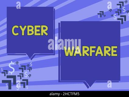 Textschild mit Cyber Warfare. Geschäftsidee Virtueller Krieg Hacker System greift digitalen Dieb Stalker zwei bunte überlappende Sprechblase Zeichnung Stockfoto