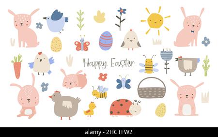 Osterset. Sammlung von niedlichen Tieren, Vögeln und Insekten, blühenden Blumen und Blumenschmuck, isoliert auf weißem Hintergrund. Helle Farben Stock Vektor